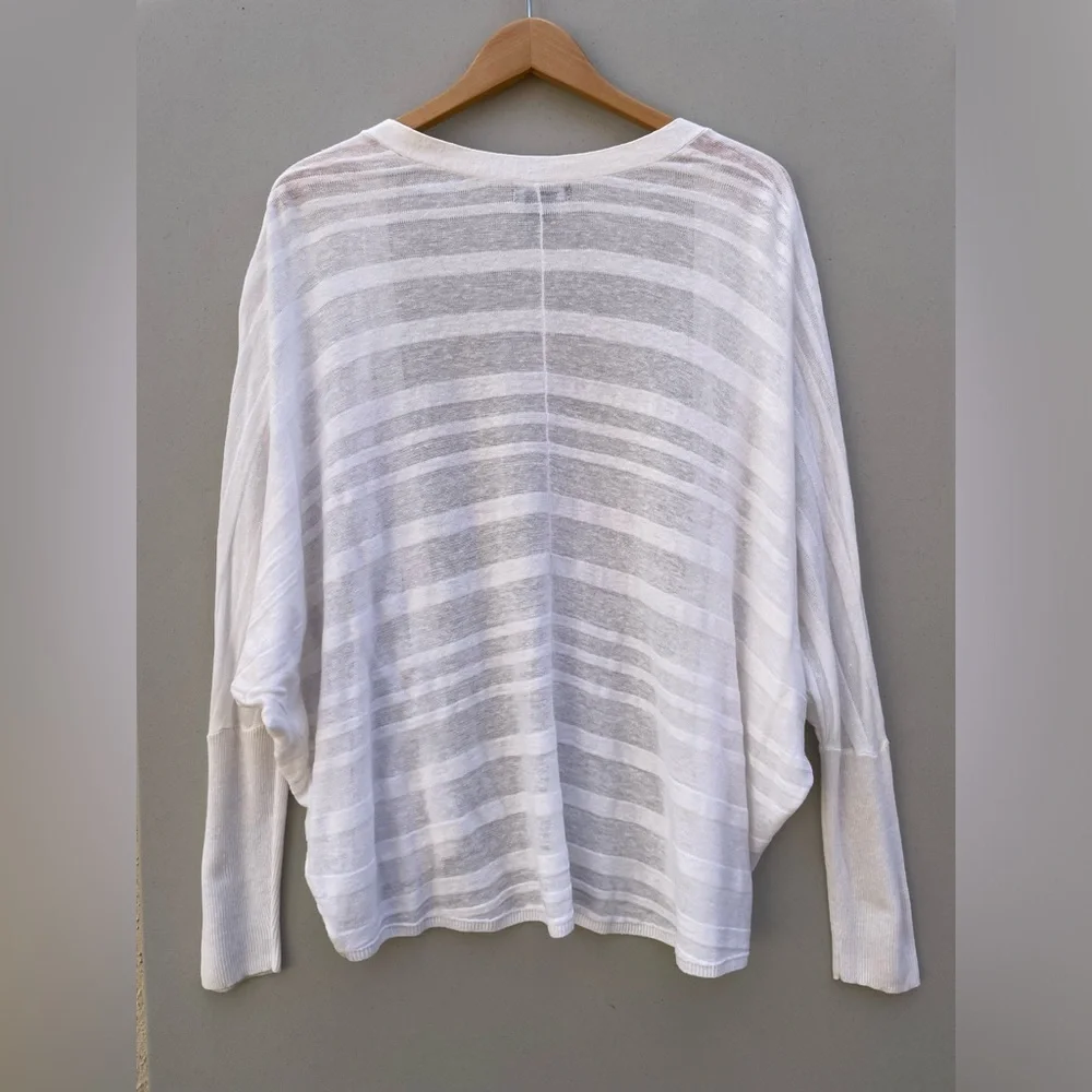 Trouve White Linen Blend Simi Sheer Striped Dolman Sleeve Open Cardigan Sz XS